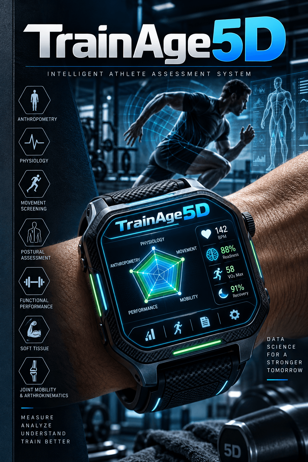 هویت تصویری TrainAge 5D؛ ورزشکار و نمایش داده‌های ارزیابی